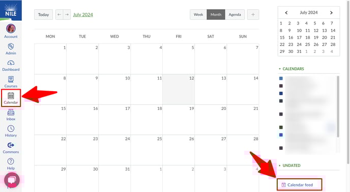 A screenshot of the Canvas calendar showing the button for the Calendar and the link for Calendar feed